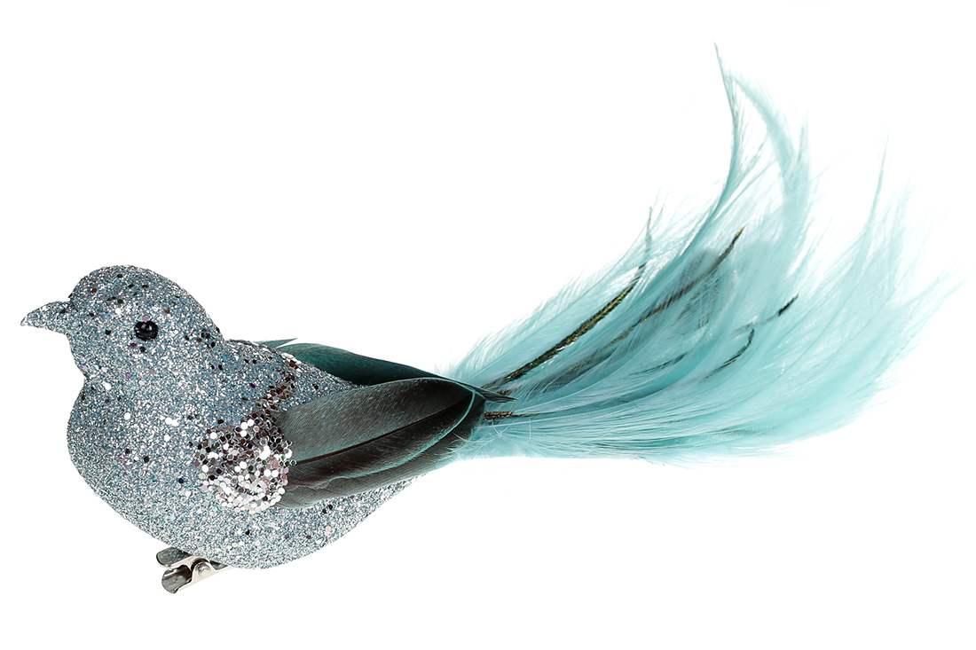 Декоративний птах на кліпсі 20см, колір - м'ятно-бірюзовий