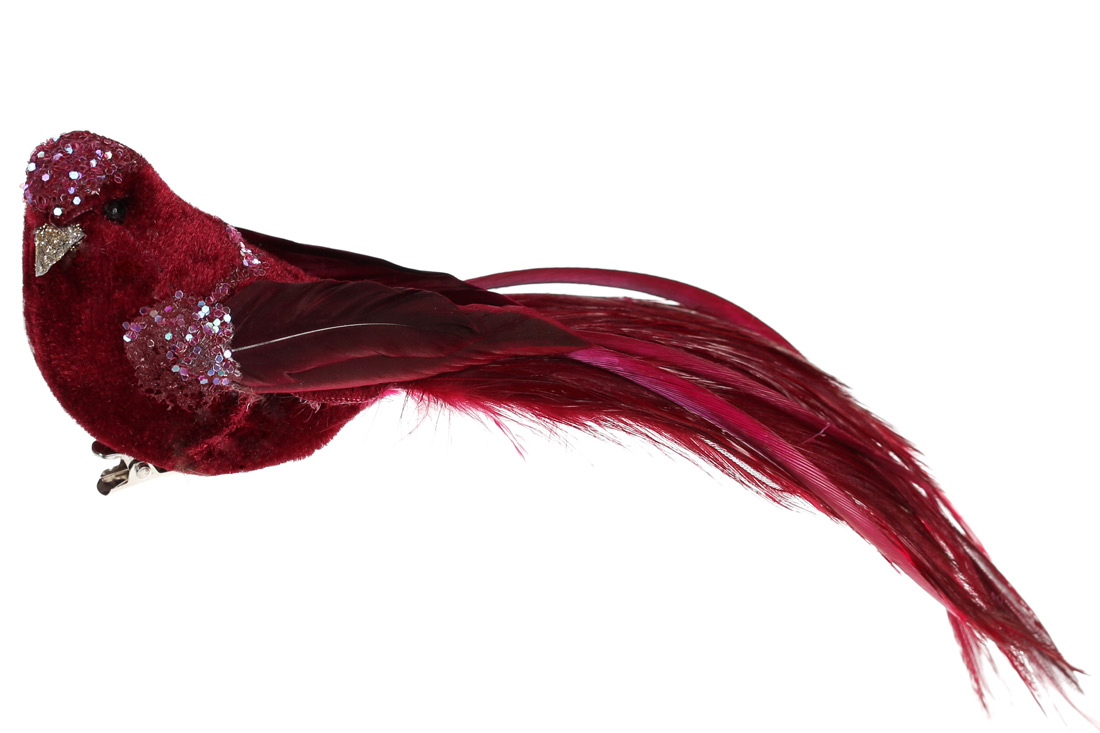 Декоративний птах на кліпсі 19см, колір - бордо