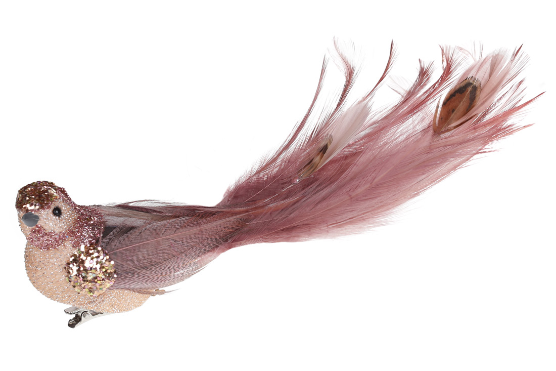 Декоративний птах на кліпсі 19см, колір - темно-рожевий