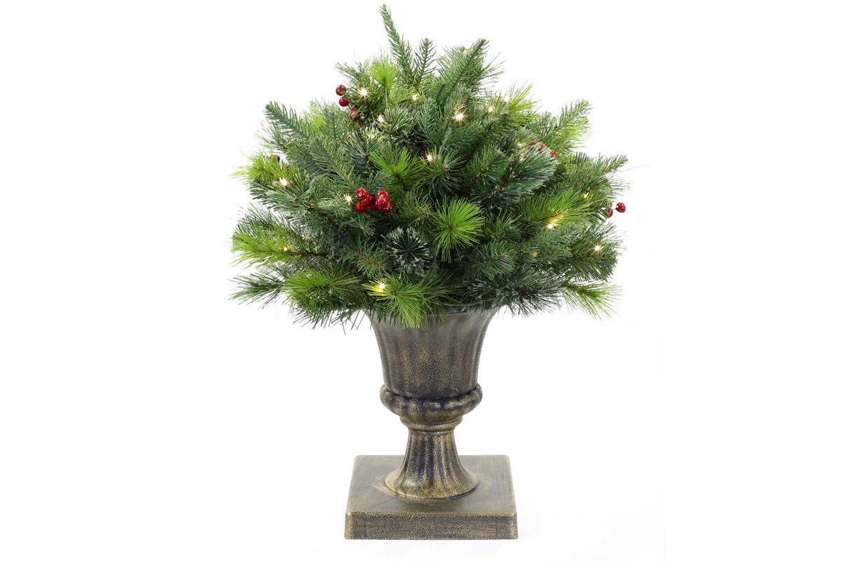 Декор зі штучної хвої та ягід у вазоні, 50см, 201 гілка, 50 LED, світло - тепле біле