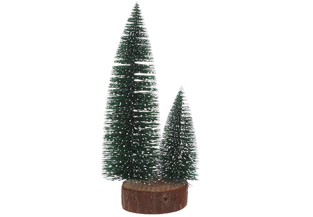 Декоративні Ялинки на дерев'яній підставці, 12*25см, колір - зелений глітер з білим