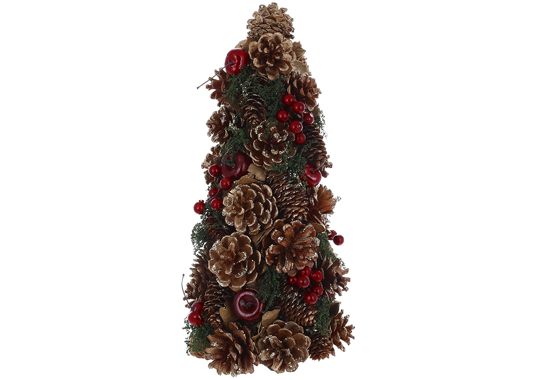 Декоративна ялинка з шишок, з декором із червоних ягід, вишень та яблучок, 38см
