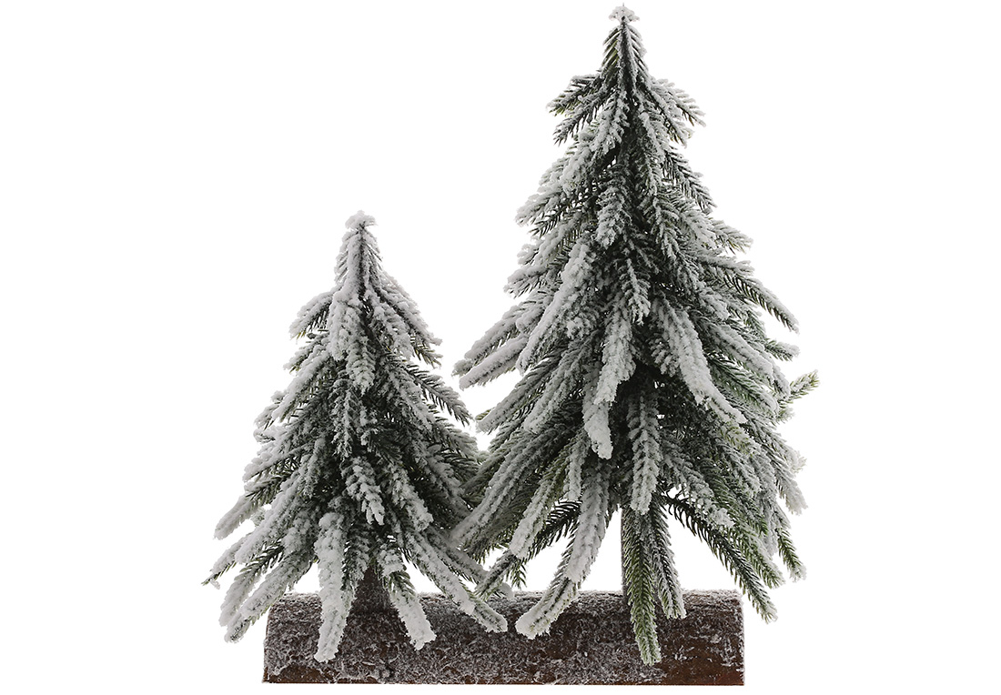 Ялинки (2 шт) декоративні засніжені на дерев'яній підставці, 27см