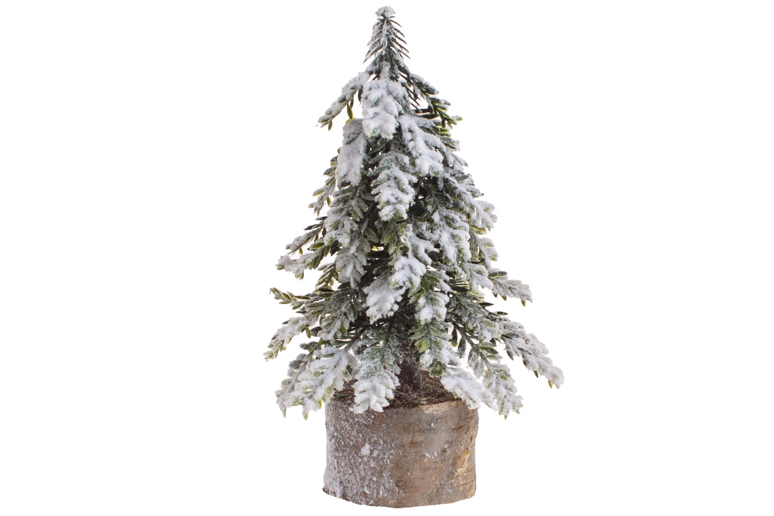 Ялинка декоративна засніжена на дерев'яному пеньку, 12*12*21 см.