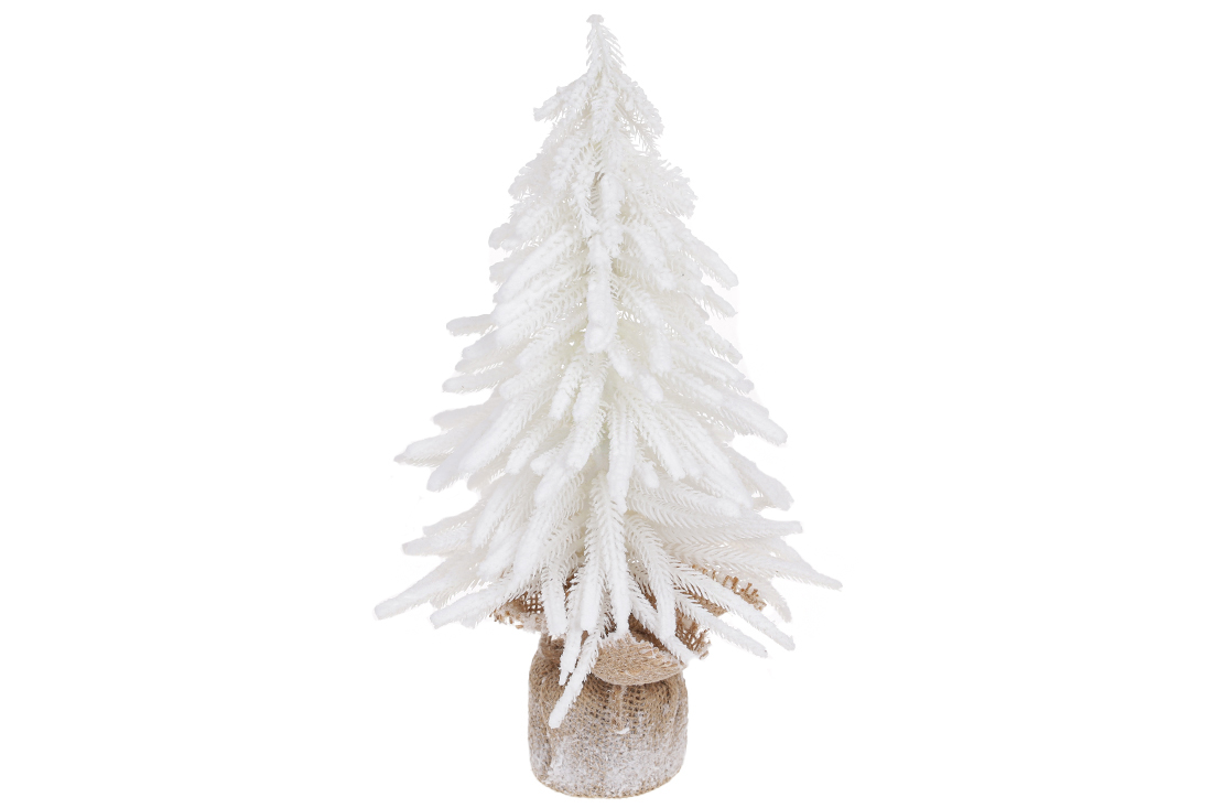 Ялинка декоративна засніжена в джутовому мішечку, 20*20*35 см, колір білий
