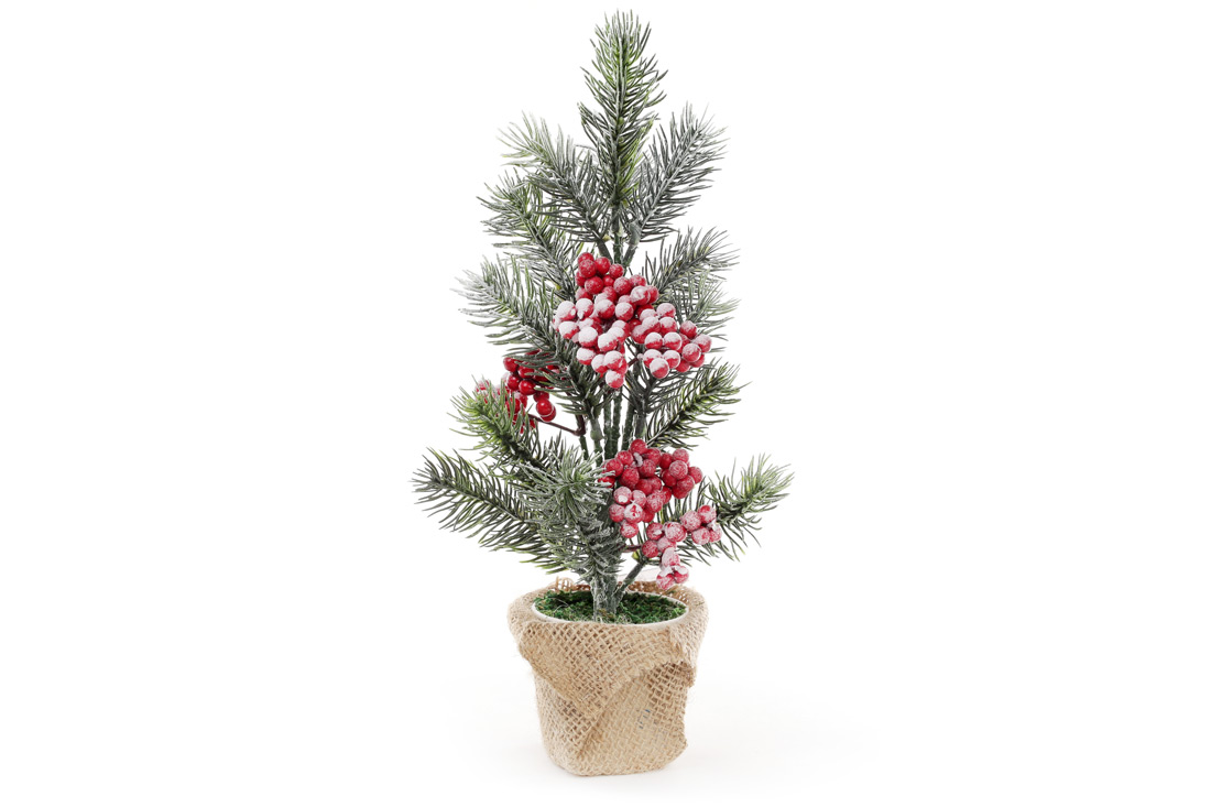 Ялинка декоративна засніжена з ягодами та джутовою основою 23см