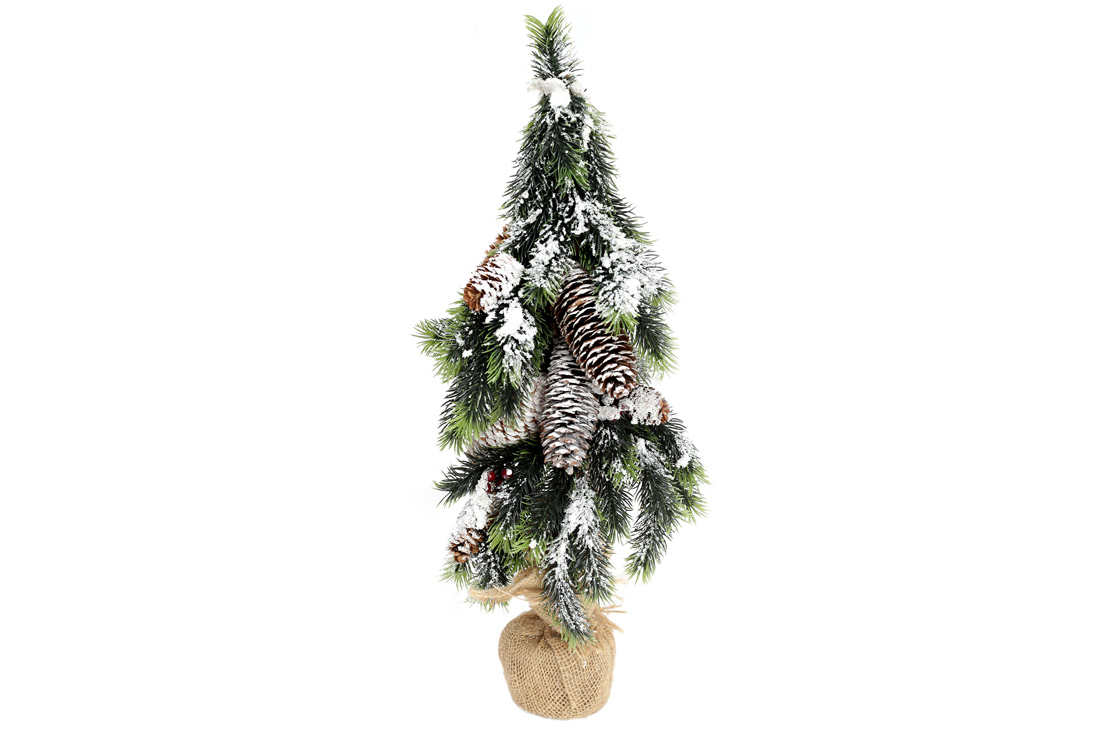 Ялинка 50см з декором із ягід та шишок у джутовому мішечку