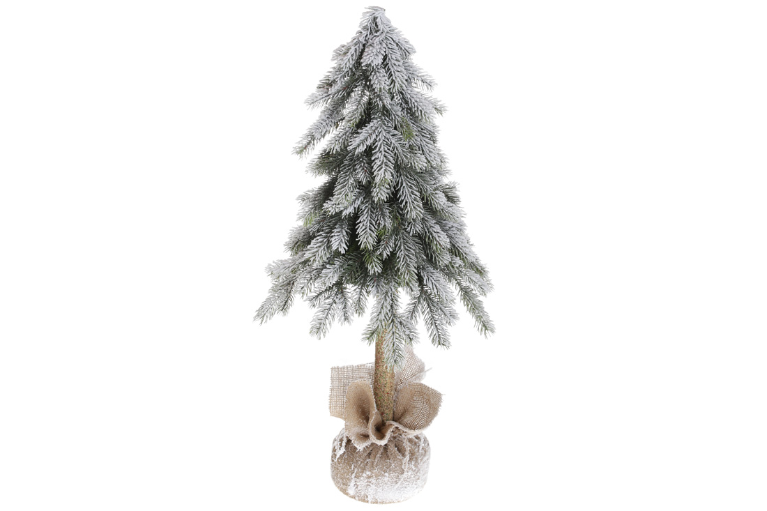 Ялинка декоративна засніжена на високій ніжці в джутовому мішечку, 80см