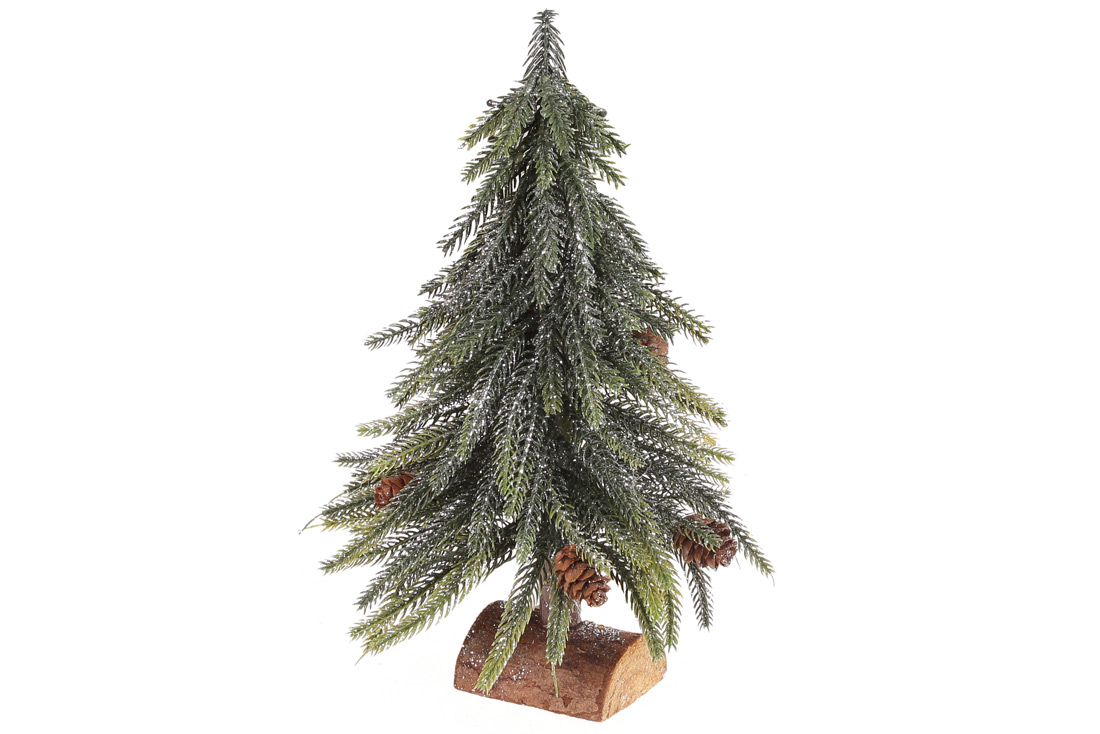 Ялинка декоративна із срібним гліттером на дерев'яній підставці, 27см