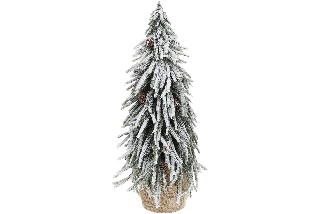 Ялинка декоративна засніжена в джутовому мішечку з шишками, 52см