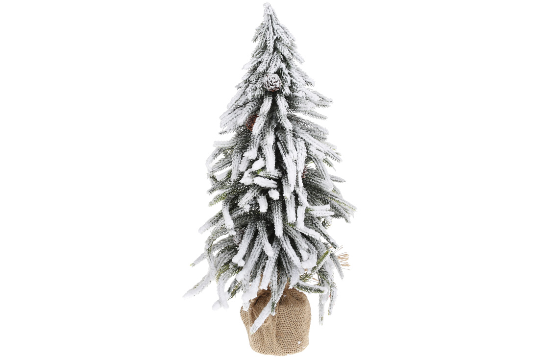 Ялинка декоративна засніжена в джутовому мішечку з шишками, 45см