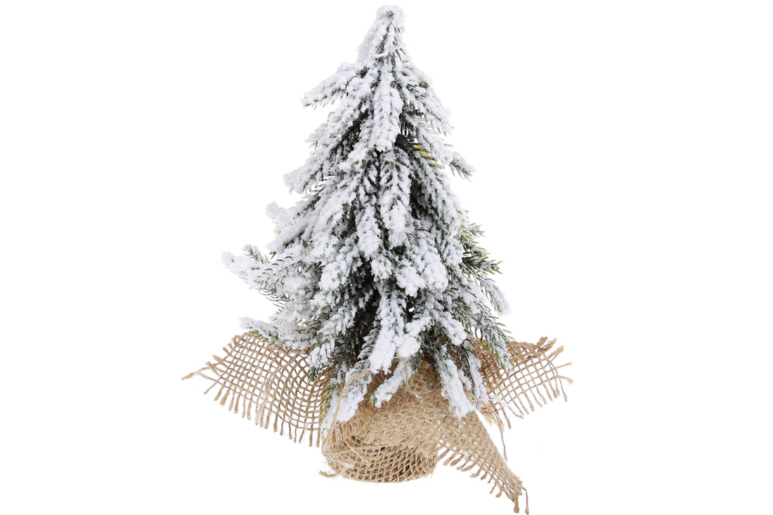 Ялинка декоративна засніжена в джутовому мішечку, 20см