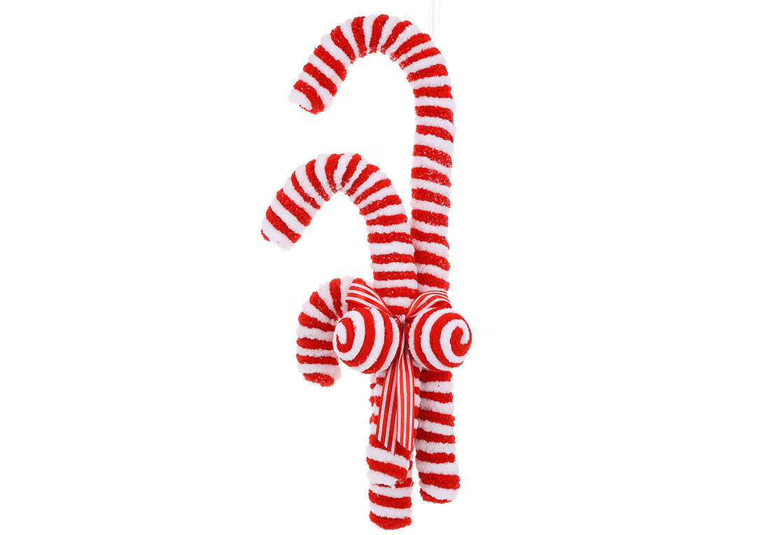 Ялинкова прикраса Льодяник з плюшу, прикрашений гліттером, 33см, колір - червоний з білим