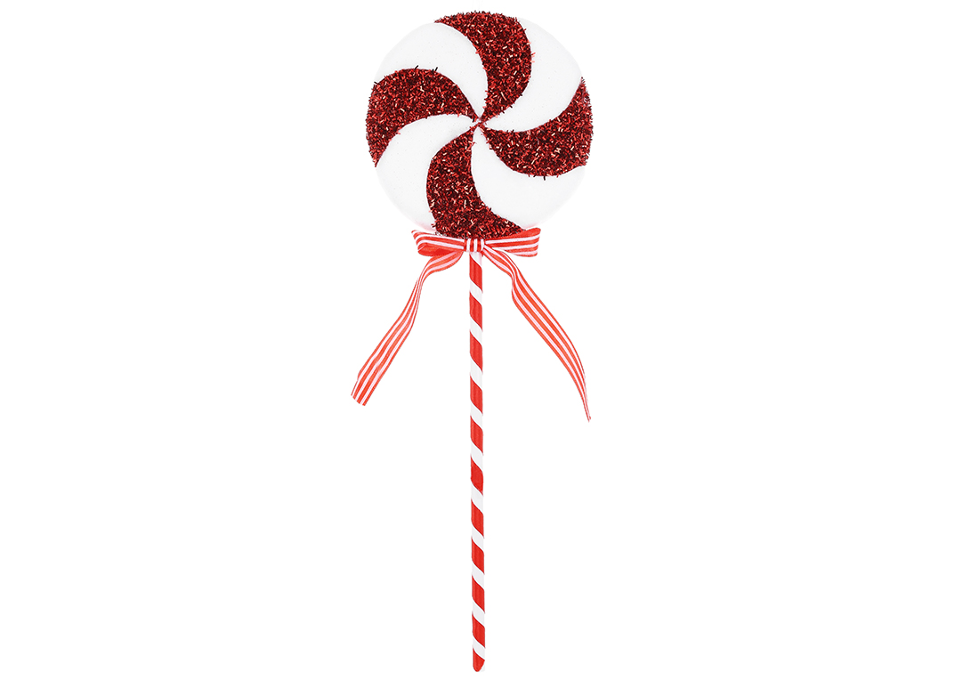 Ялинкова прикраса Льодяник на паличці з декором з великого гліттера 14*43см, колір - червоний з білим