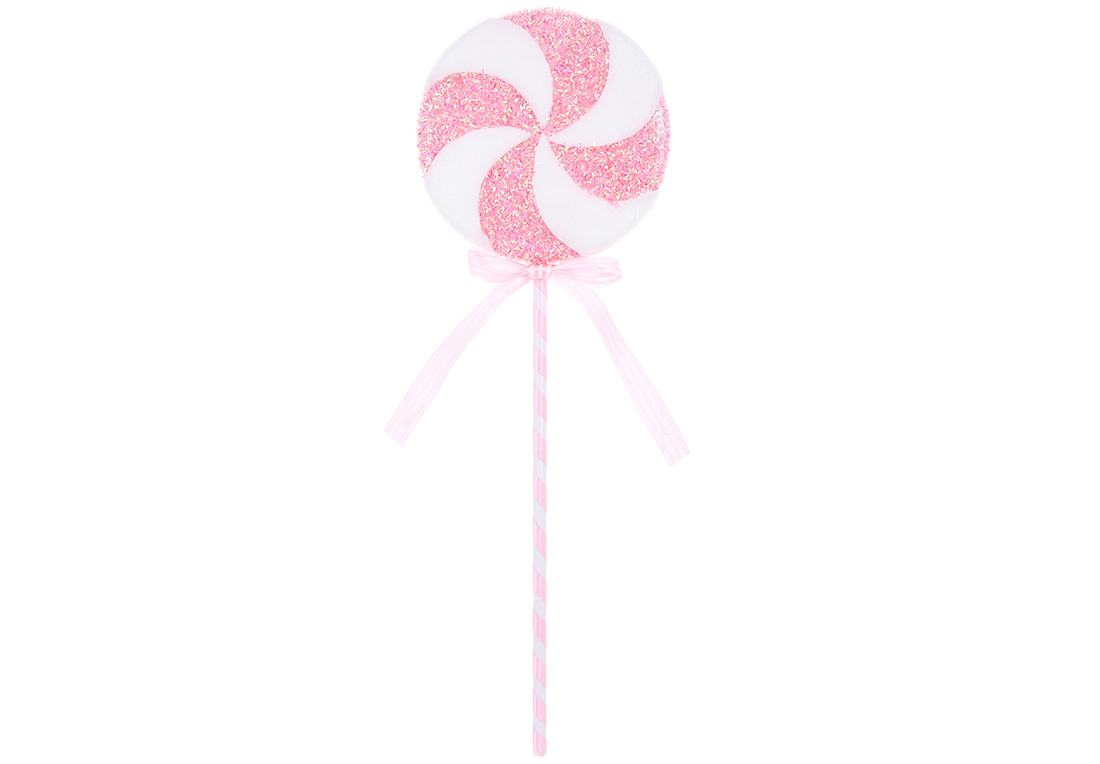 Ялинкова прикраса Льодяник на паличці з декором із крупного гліттера, 14*43см, колір - рожевий з білим