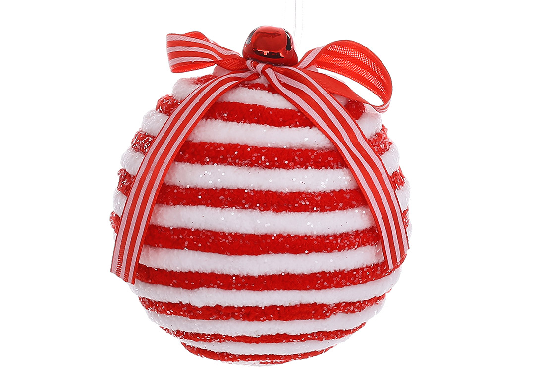 Ялинкова плюшева куля з дзвіночком, посипана гліттером 8см, колір - червоний з білим