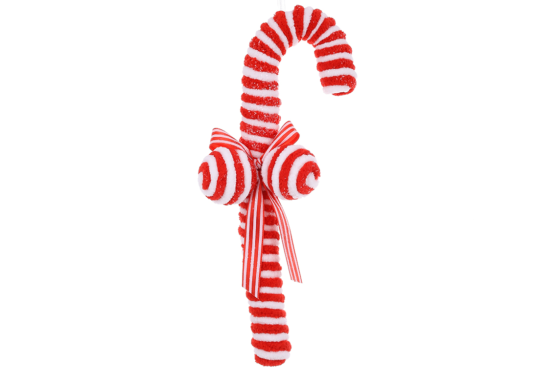 Ялинкова прикраса Льодяник з плюшу, прикрашений гліттером, 25см, колір - червоний з білим