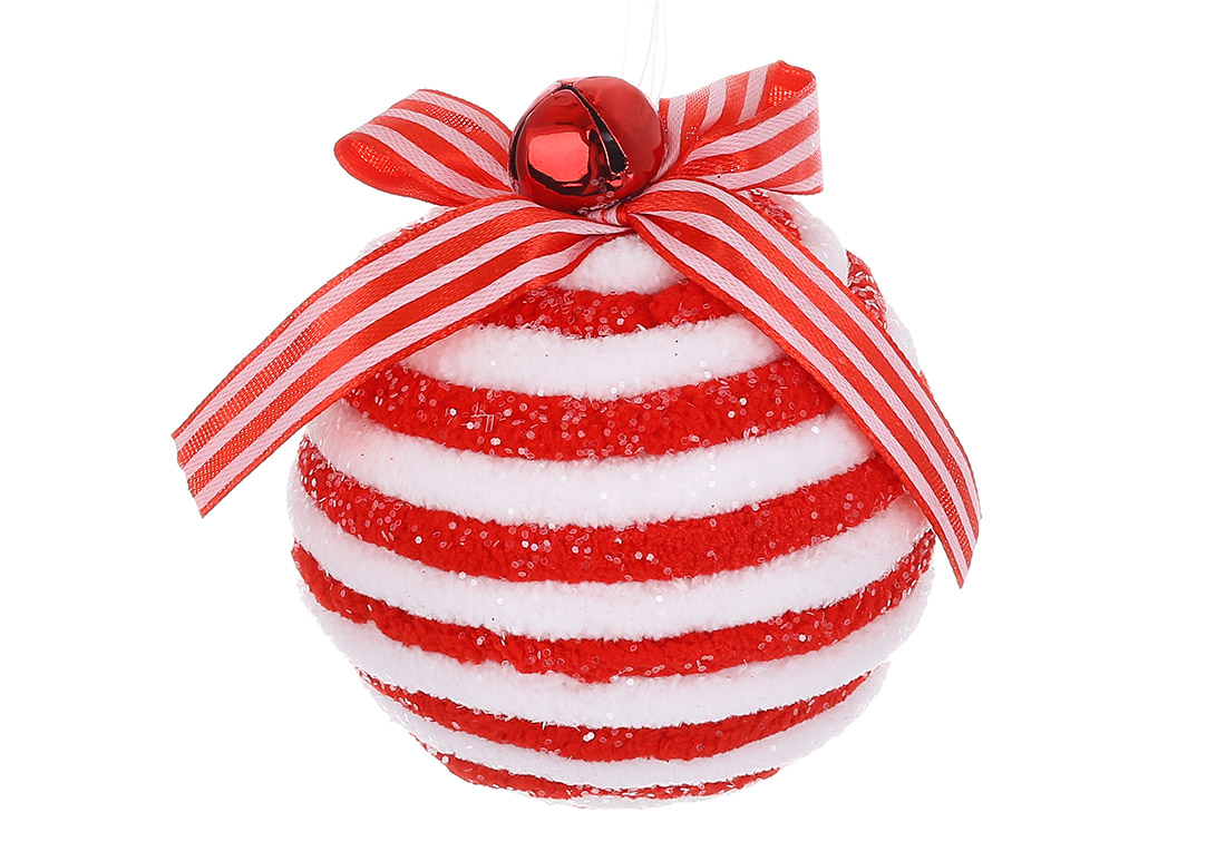 Ялинкова плюшева куля з дзвіночком, посипана гліттером 10см, колір - червоний з білим