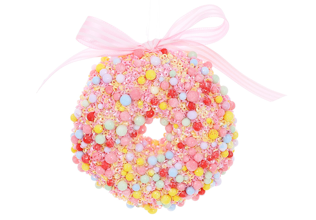 Ялинкова прикраса Донат 10см, прикрашений бісером, паєтками та гліттером, колір - рожевий