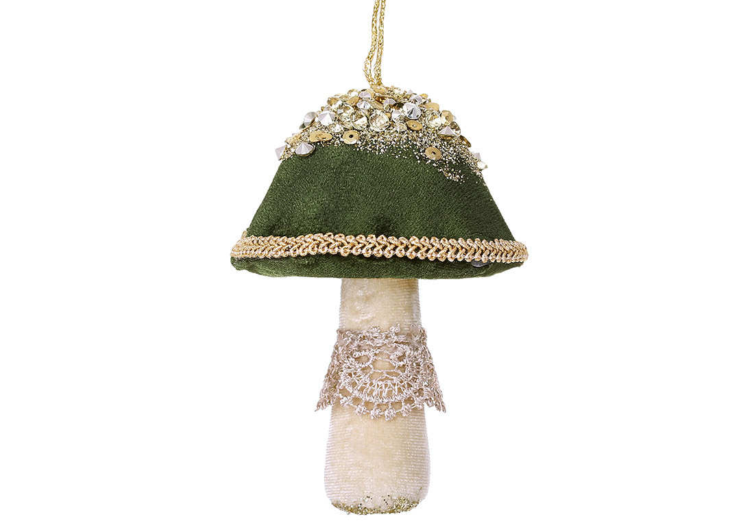 Декоративна м'яка підвіска Гриб з декором з паєток, 13*7см, колір - зелений