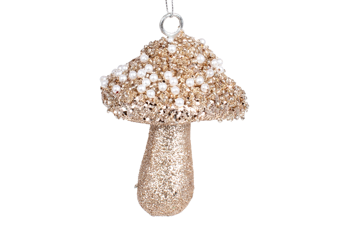 Ялинкова прикраса Гриб 8см з декором з білих намистин, колір - шампань