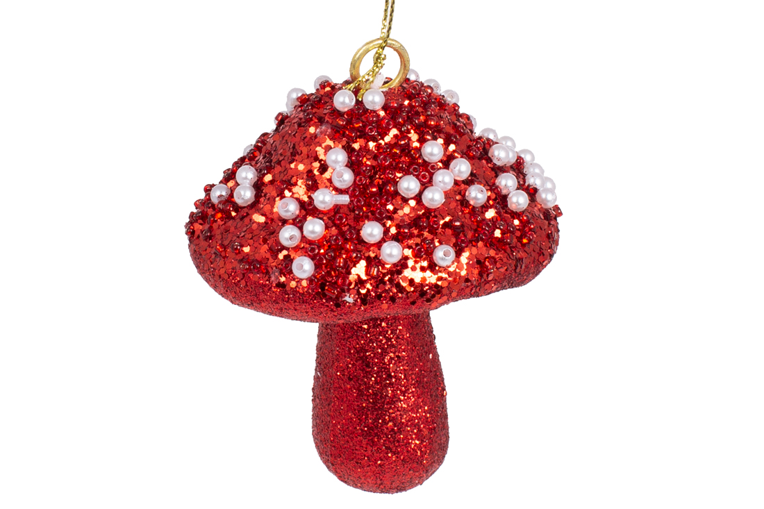 Ялинкова прикраса Гриб 8см з декором з білих намистин, колір - червоний
