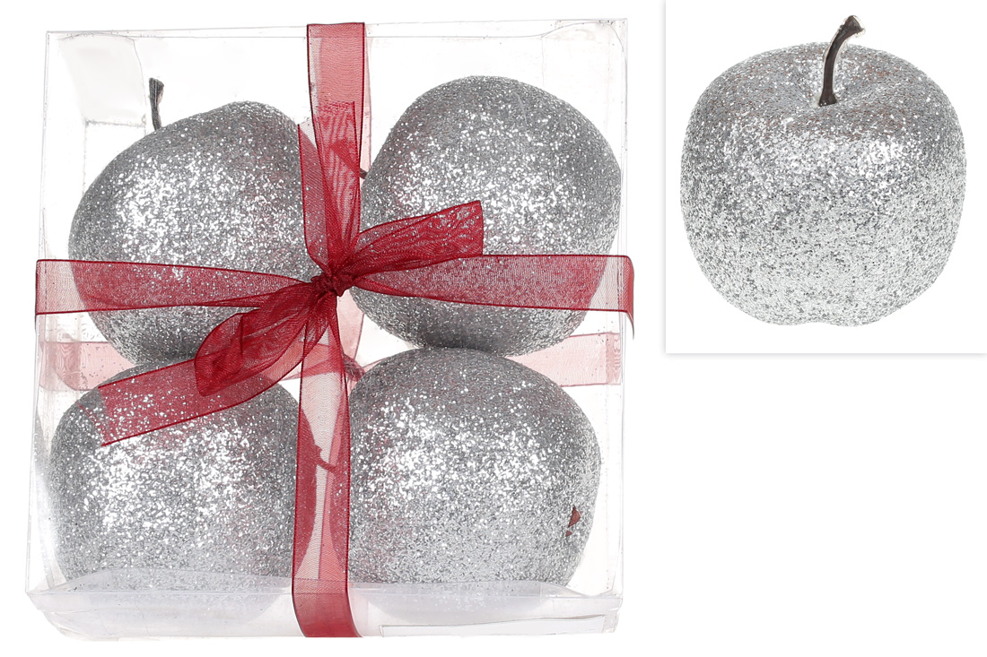 Набір (4шт) декоративних яблук на підвісі 6.5см, колір - срібний гліттер