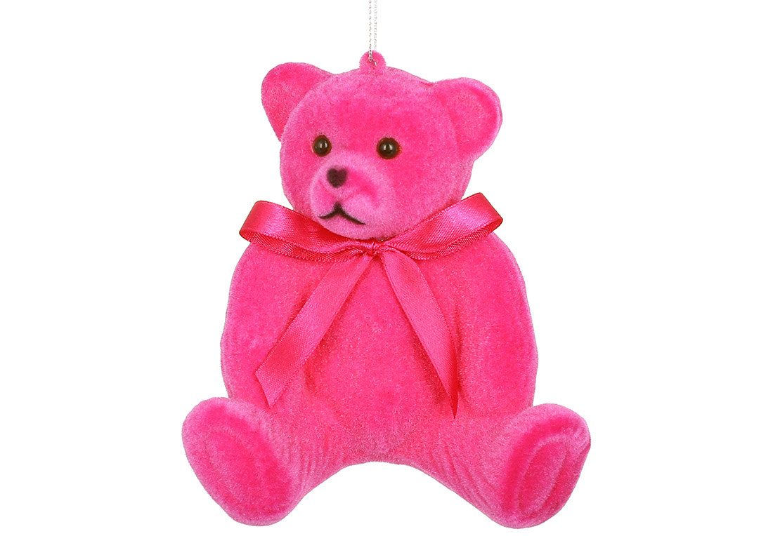 Ялинкова прикраса Ведмедик із флоковим напиленням 12см, колір - маджента