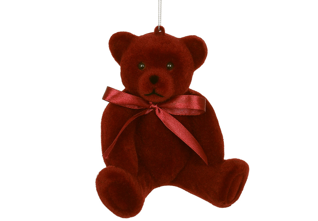 Ялинкова прикраса Ведмедик із флоковим напиленням 12см, колір - бордовий
