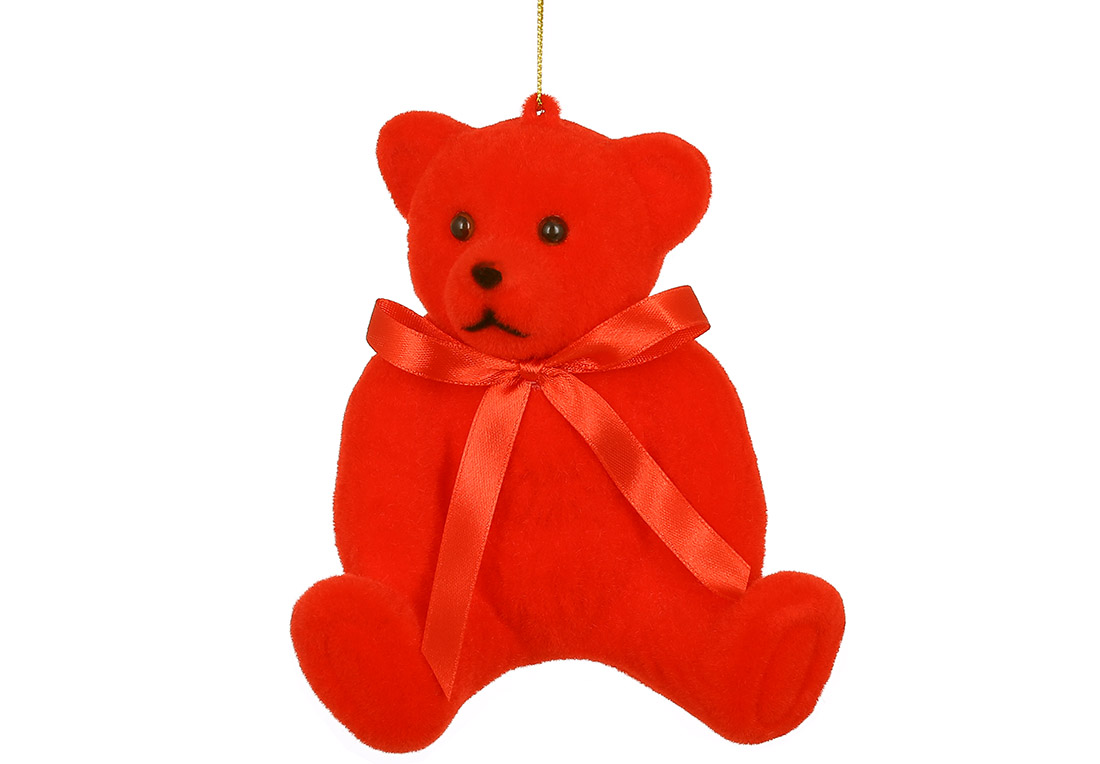 Ялинкова прикраса Ведмедик з флоковим напиленням 12см, колір - червоний