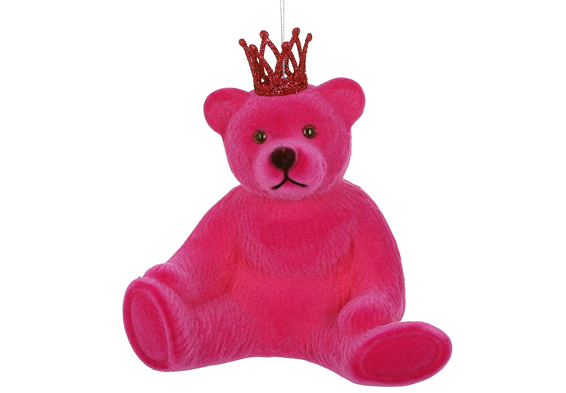 Ялинкова прикраса Ведмедик з короною з флоковим напиленням, 20см, колір - маджента