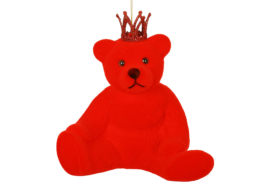 Ялинкова прикраса Ведмедик з короною з флоковим напиленням, 20см, колір - червоний