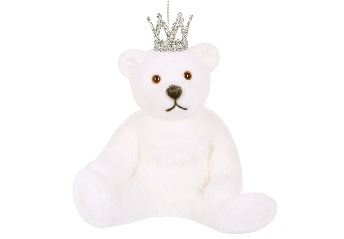 Ялинкова прикраса Ведмедик з короною з флоковим напиленням, 20см, колір - білий