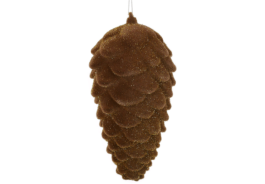 Ялинкова прикраса Шишка з флоковим напиленням 19см, колір - шоколадний мокко гліттер
