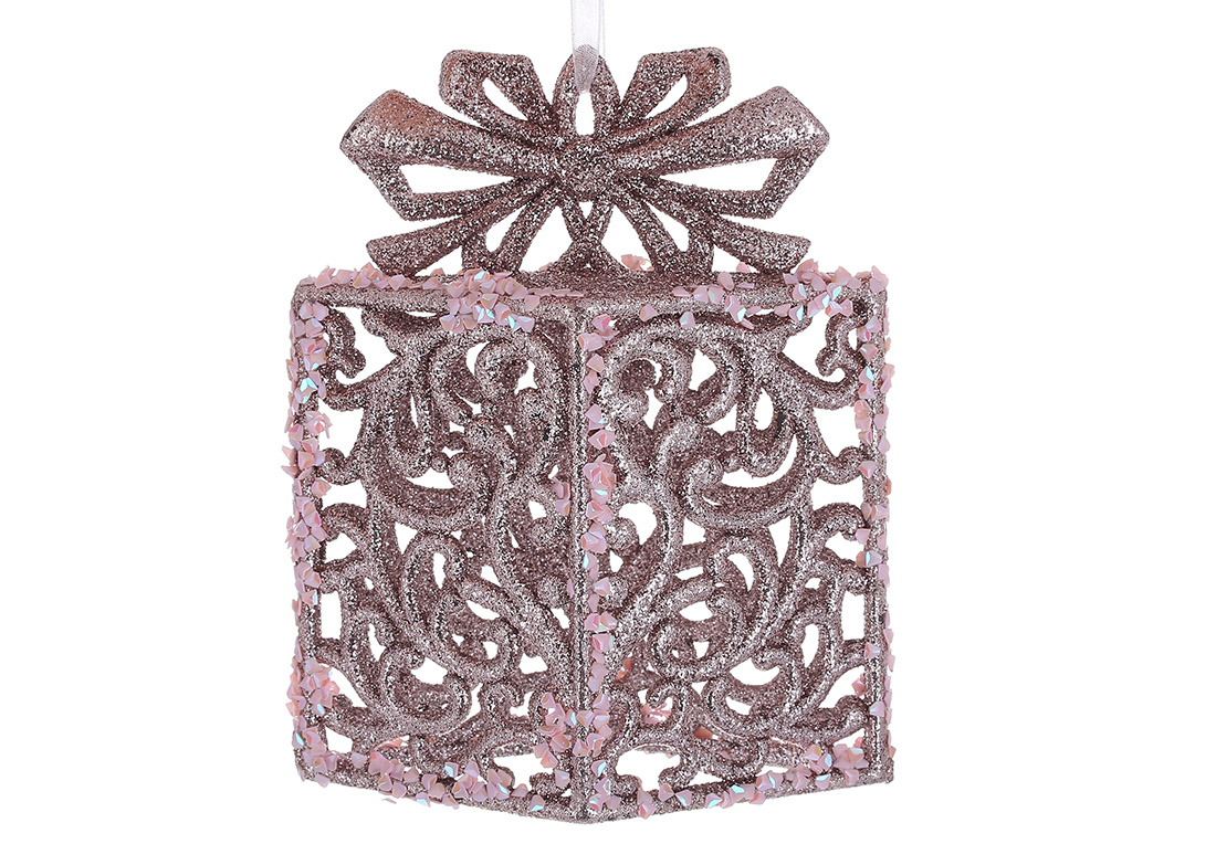 Ялинкова пластикова прикраса Подарунок 11.5см, колір - рожевий з блискітками