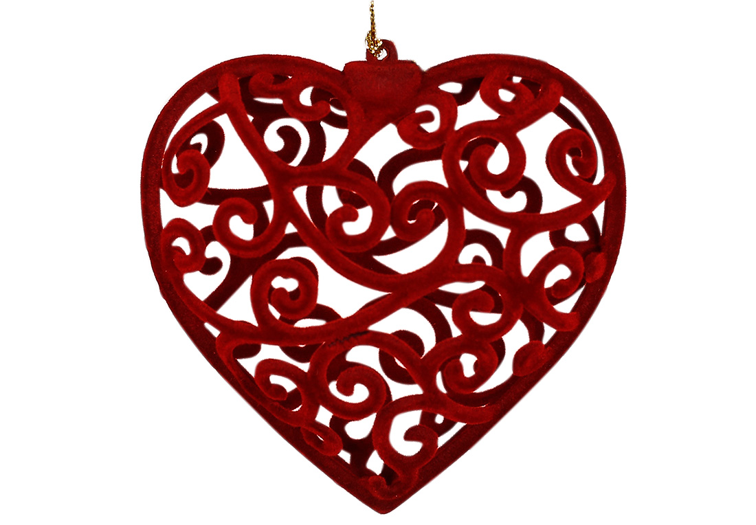 Пластикова ялинкова іграшка Серце ажурне з флоковим напиленням 10см, колір - бордо