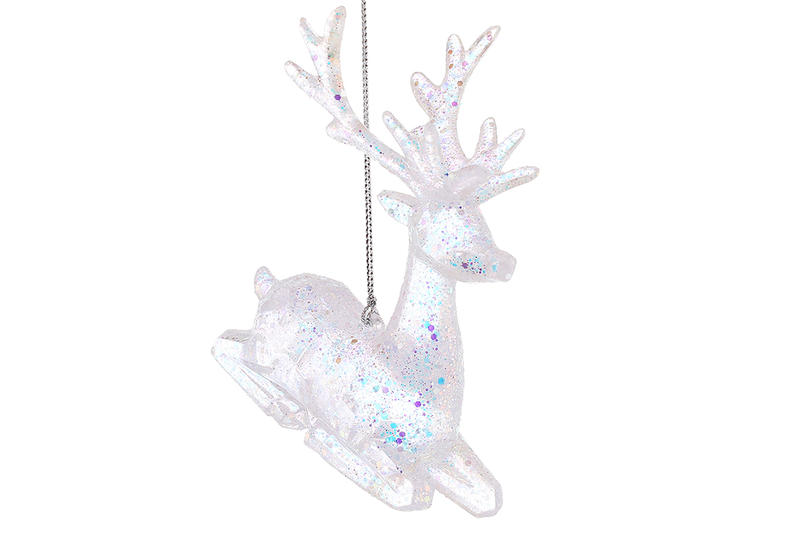 Акрилова прикраса Олень 10.5см, колір - прозорий з блискітками
