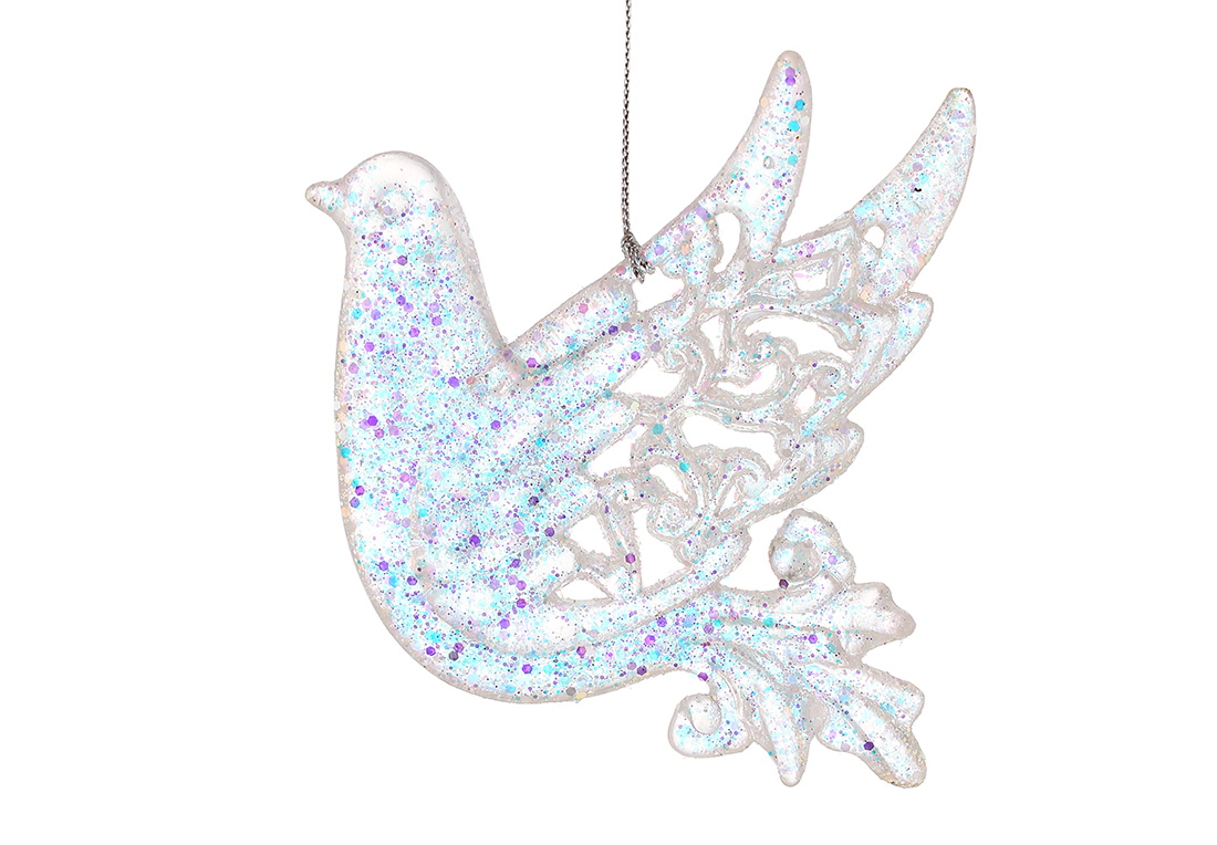 Акрилова прикраса Голуб 12см, колір - прозорий з блискітками