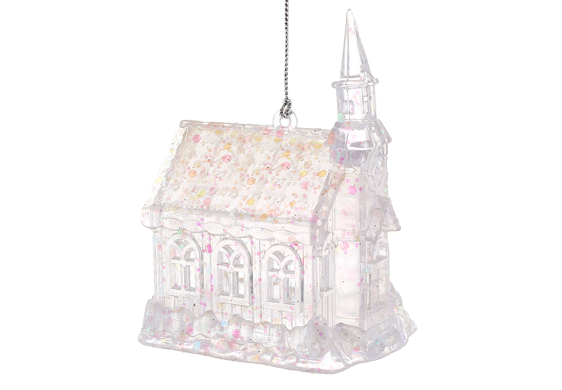 Акрилова прикраса Будиночок 10см, колір - прозорий з блискітками