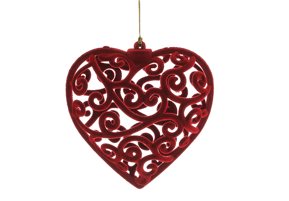 Пластикова ялинкова куля ажурна з флоковим напиленням 10см, колір - червоний