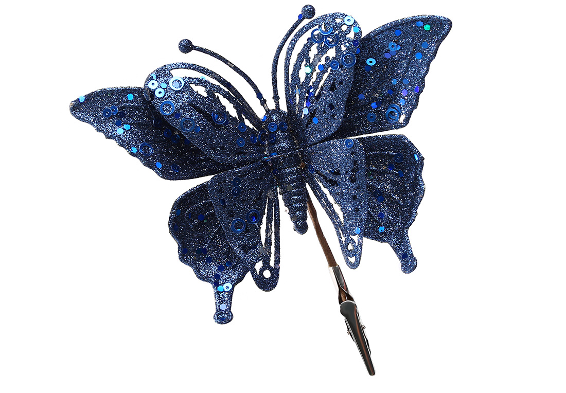 Ялинкова прикраса на кліпсі Метелик, 17 см, колір - синій гліттер