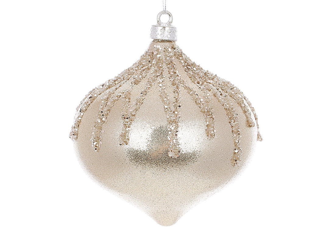 Ялинкова прикраса у формі цибулини з декором із гліттера 10см, колір - шампань