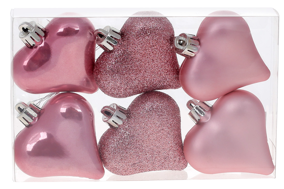 Набір ялинкових прикрас Серця 6см, колір - рожевий фламінго, 6 шт.: перламутр, матовий, гліттер - по 2 шт