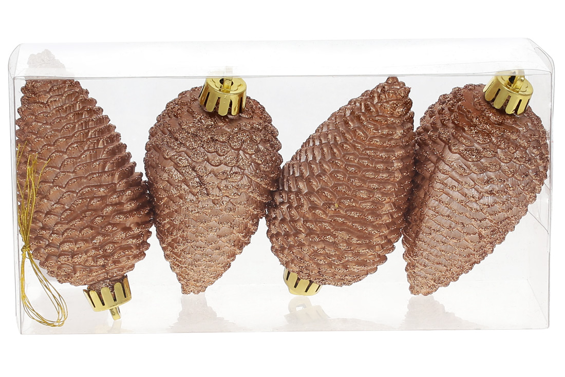 Набір ялинкових прикрас Шишки, 8см, колір - карамельний, матовий з глітером, 4шт