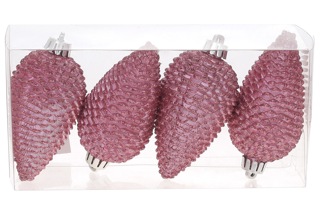 Набір ялинкових прикрас Шишки, колір - рожевий фламінго, 8см, 4шт, матовий з глітером