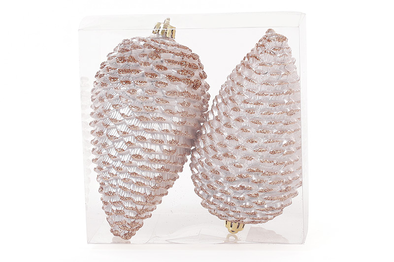 Набір ялинкових прикрас Шишки 12см, колір - шампань, 2 шт: матовий з глітером