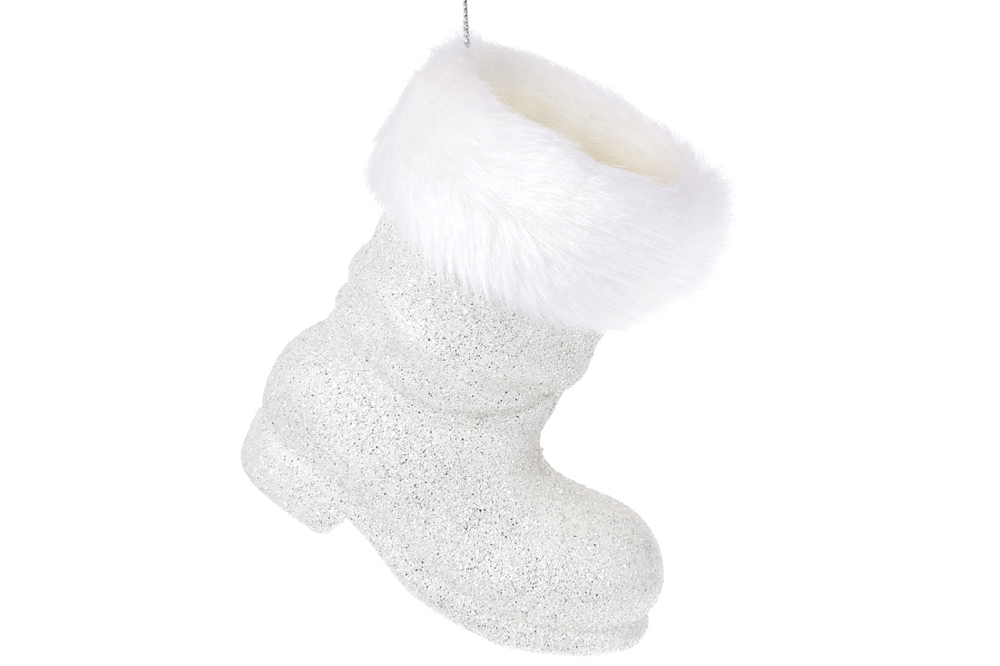 Ялинкова прикраса-кашпо Чобіток 11.5см, колір - білий гліттер