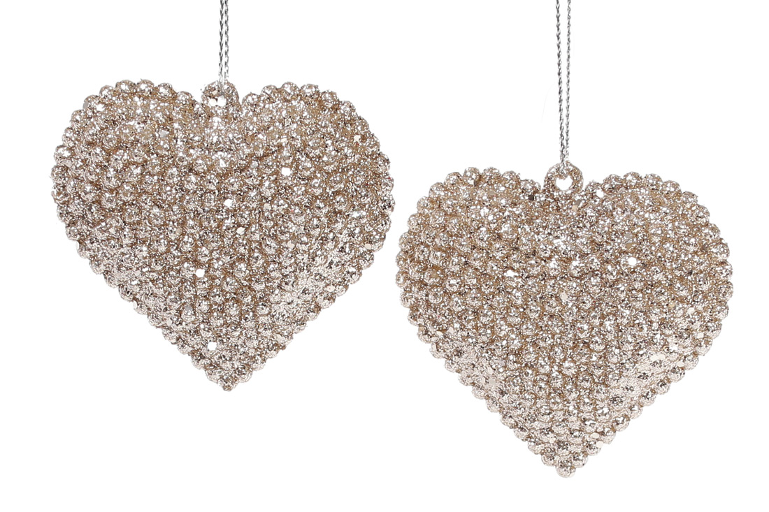 Набір (2шт) ялинкових прикрас Серце 6см, колір - шампань гліттер