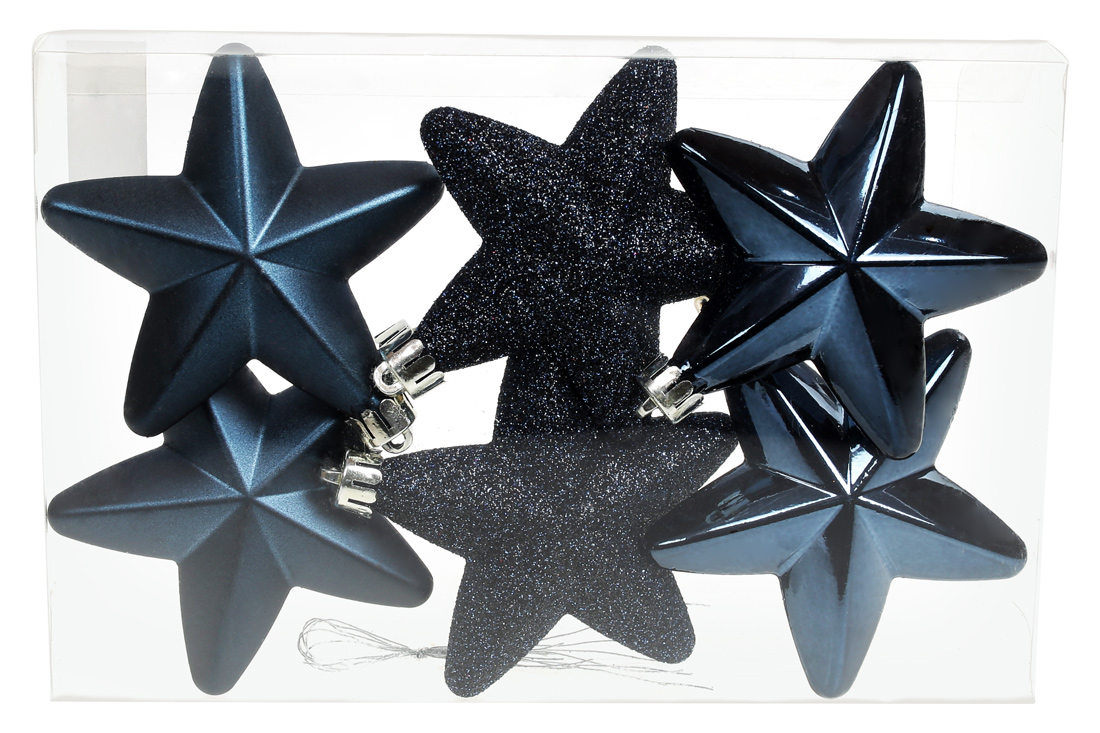 Набір ялинкових прикрас Зірки 7.5см, колір - північно-синій, 6 шт: глянець, матовий, гліттер - по 2 шт