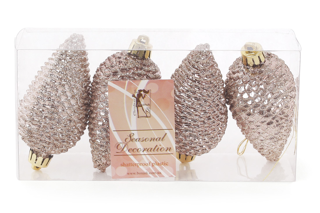 Набір ялинкових прикрас Шишки, 8см, колір - карамельний мокко, глянець з гліттером, 4шт